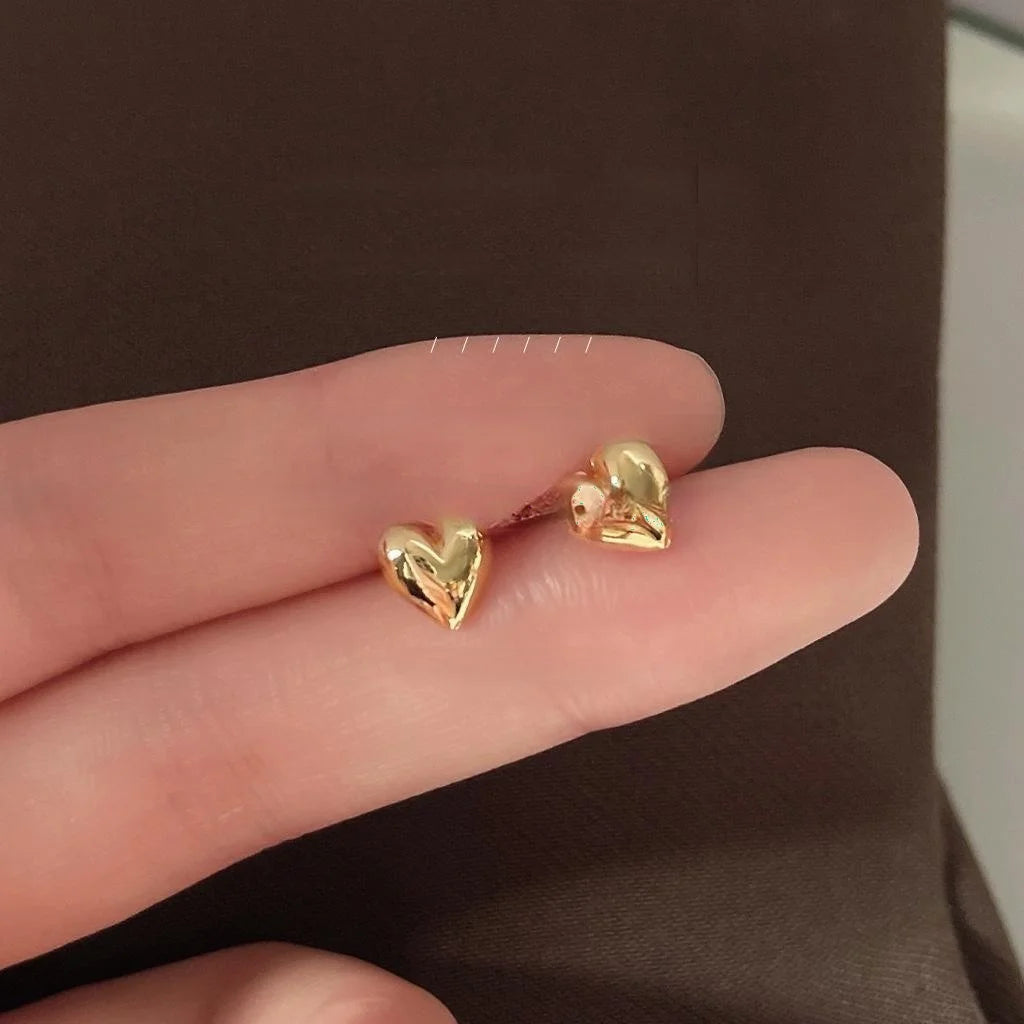 14K Gold Plated Copper Mini Smooth Heart Stud Earrings For Women Simple Korean Style
