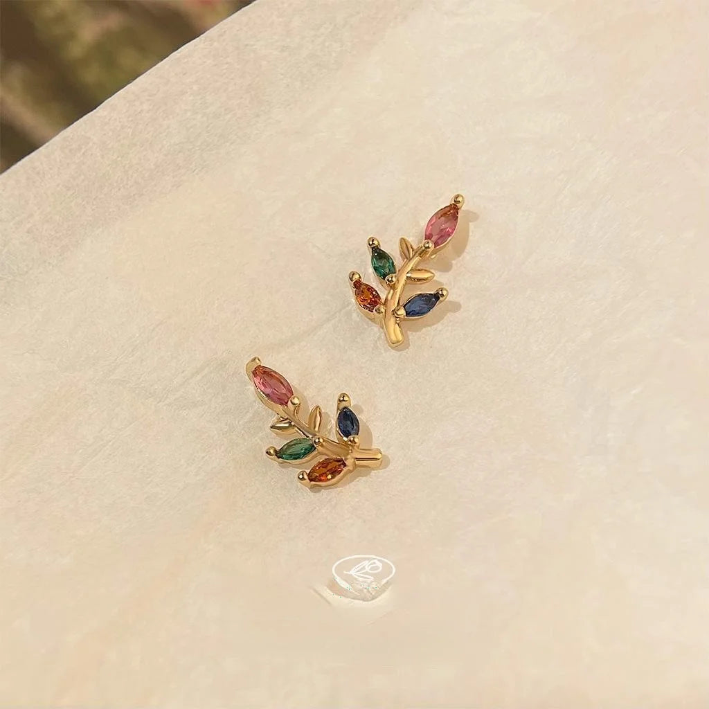 Mini 14K Gold Plated Micro Pave Colorful Zircon Leaf Stud Earrings Sweet Simple Style