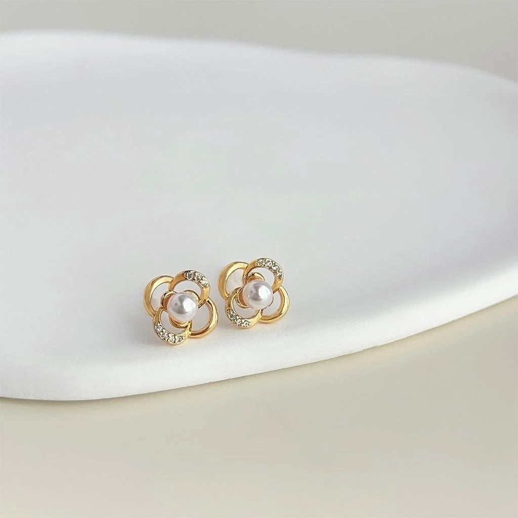 Silver Plated Copper Flower Stud Earrings With Zircon Pave And High Luster Pearl