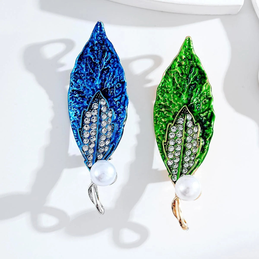 Elegant Green Enamel Double Leaf Brooch With Rhinestones And Pearl, Luxury Lapel Pin Suit Accessory Gift