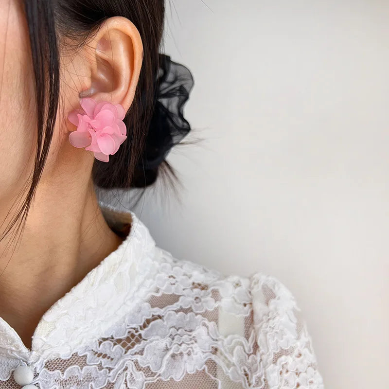 Elegant Pink Acrylic Flower Petal Stud & Clip On No Piercing French Fairy Forest Handmade Earrings