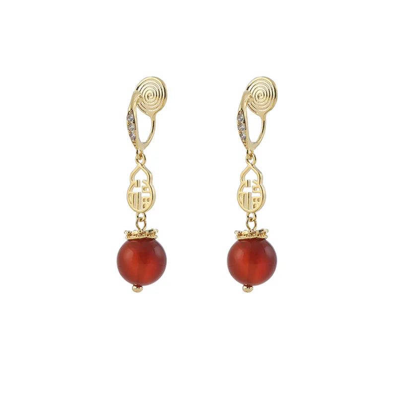 Elegant Chinese Fortune Red Agate Alloy Rhinestone Dangle Stud & Clip On No Piercing Earrings