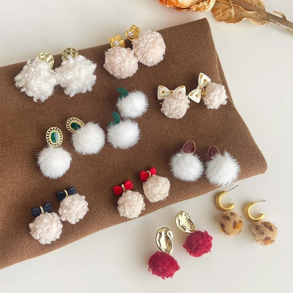 Sweet Plush Pom Pom Bow Drop Earrings For Women, Handmade Winter Commuter Jewelry