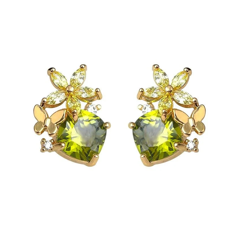 Sweet Olive Green Zircon Flower Butterfly 14K Plated Copper Stud Earrings