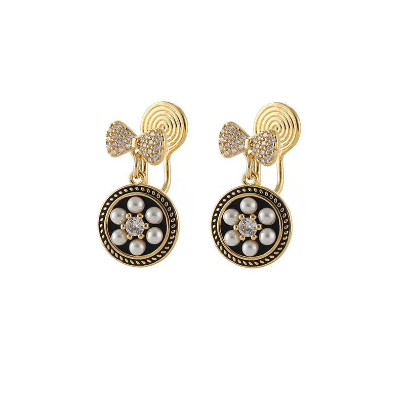 Vintage Pearl Flower Bow Rhinestone Round Stud & Clip On No Piercing Women's Fashion Earrings