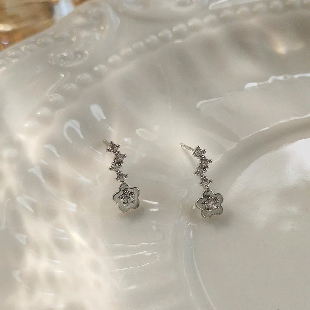 Mini Cubic Zirconia Flower Stud Earrings For Women Silver Plated Korean Japanese Daily Jewelry
