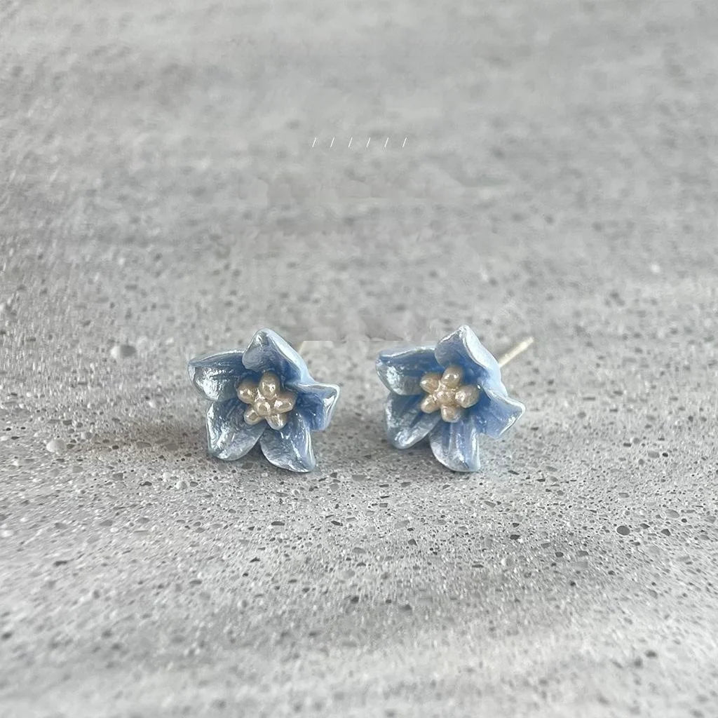 Klein Blue Resin Flower Stud Earrings With Silver Plated Pins, Sweet Korean Japanese Style