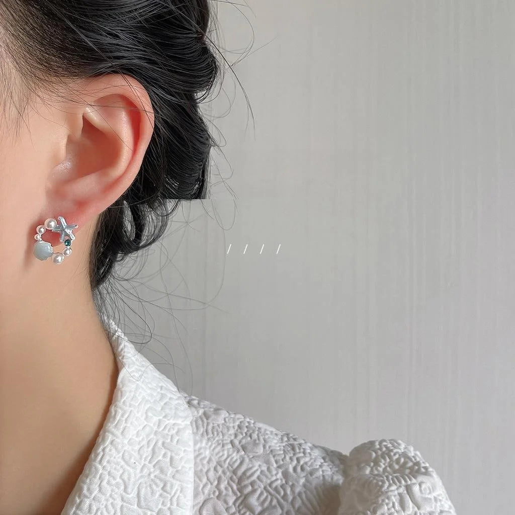 Copper Starfish Shell Enamel Stud Earrings With Pearl Ocean Wave Sweet Elegant Style