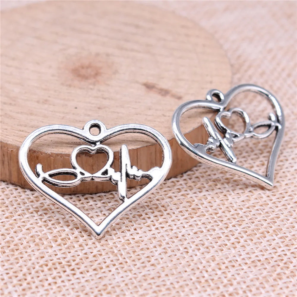 31x25mm 2.68g Antique silver zinc alloy ECG Heart charm pendant for DIY necklace bracelet making