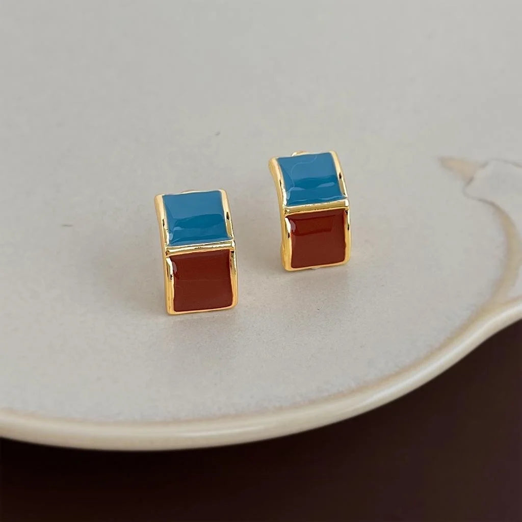 Fashion Contrast Color Square Geometric Enamel Stud Earrings For Women