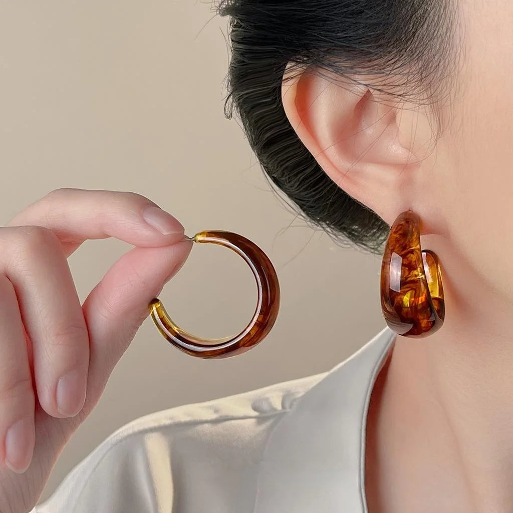 Maillard Style Amber Resin Large Round Hoop Earrings For Women