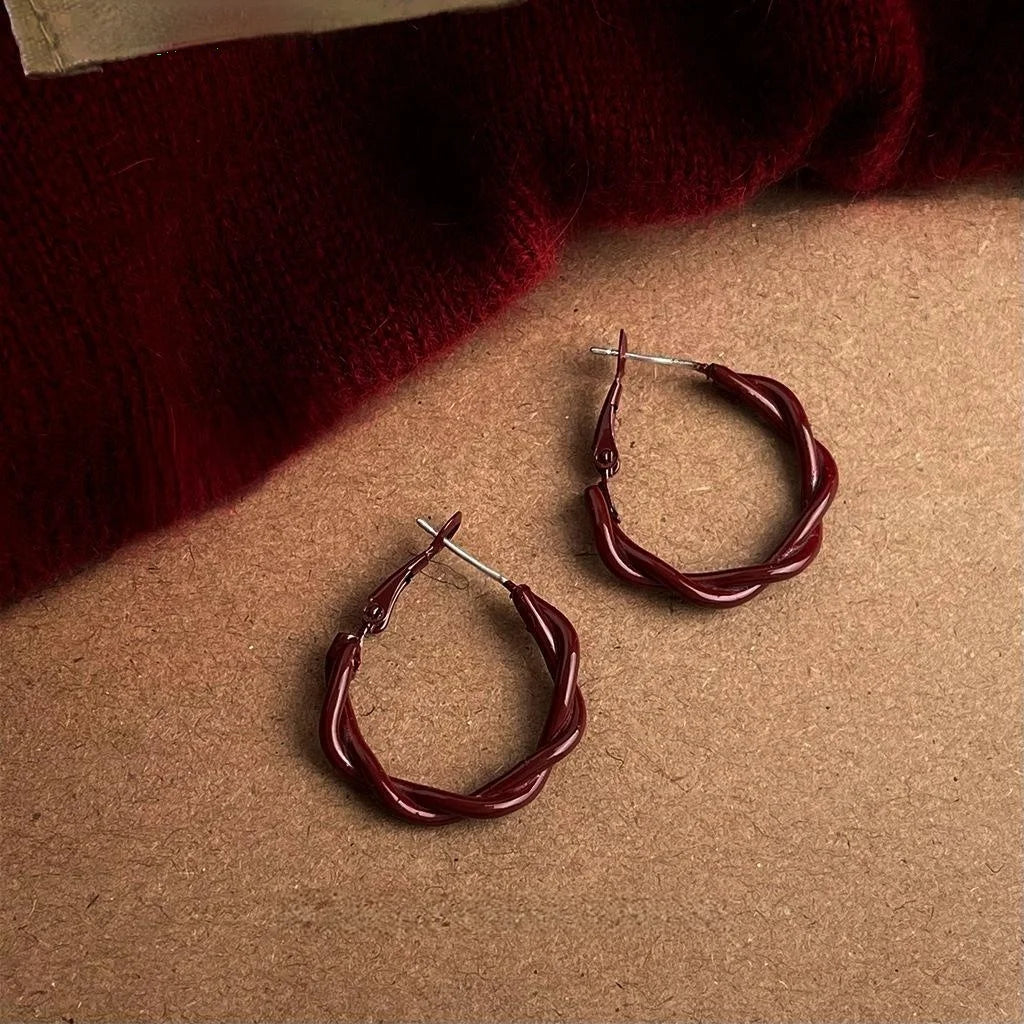 French Vintage Burgundy Enamel Twisted Copper Hoop Earrings Geometric Round Jewelry