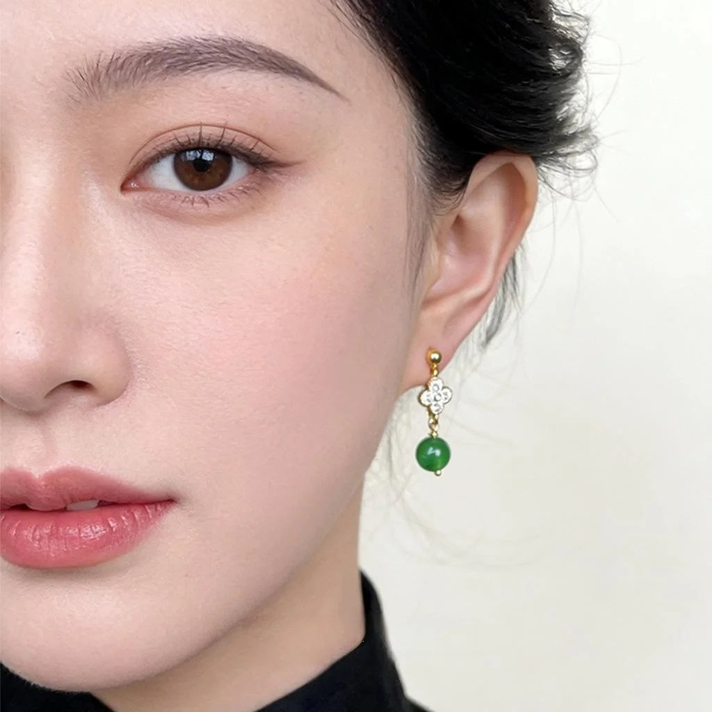 Handmade New Chinese Style Copper Green Agate Zircon Flower Tassel Drop Earrings