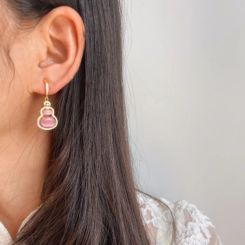 Elegant Pink Cat Eye Stone Gourd Drop Alloy Rhinestone Stud & Clip On No Piercing Vintage Earrings