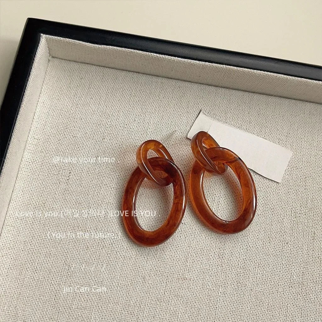 Retro Hong Kong Style Amber Acrylic Geometric Hollow Double Hoop Drop Earrings For Women