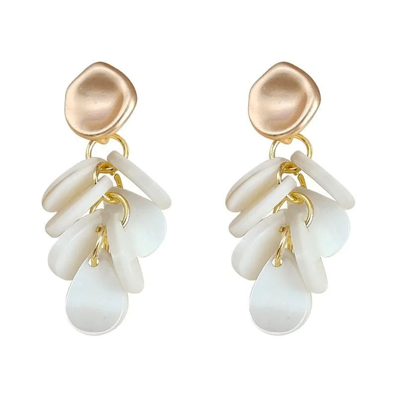 French Vintage Freshwater Shell Teardrop Tassel Drop Earrings Handmade Silver Plated Pin Jewelry