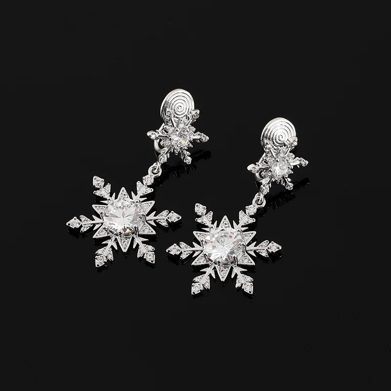 Elegant Luxury Zircon Crystal Snowflake Tassel Dangle For Women, Stud & Clip On No Piercing Earrings