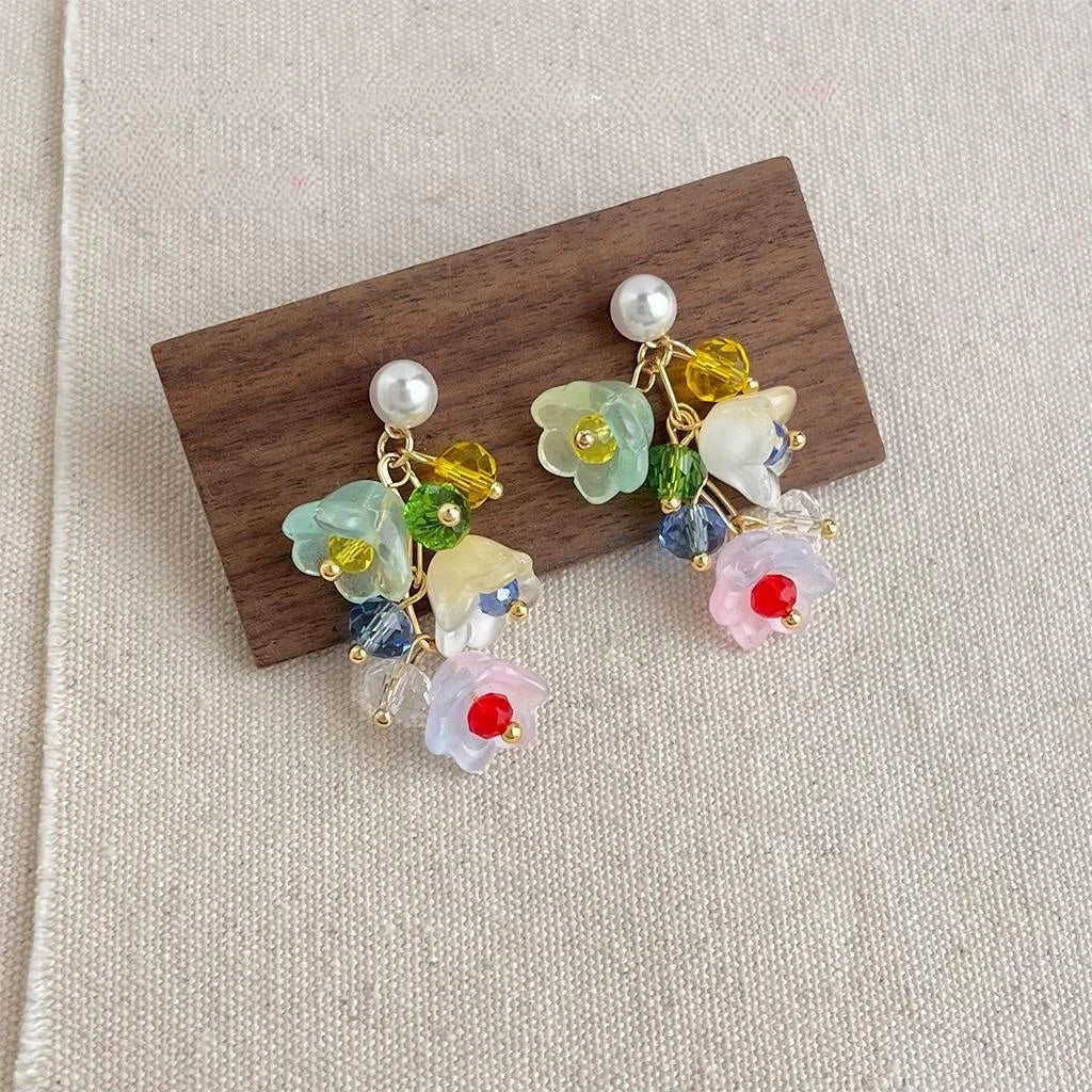 Sweet Lily Of The Valley Handmade Glass Crystal Pearl Floral Drop Earrings For Women