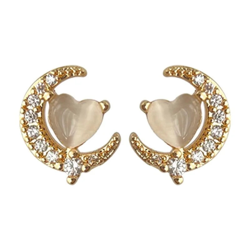 14K Gold Plated Copper Moon Stud Earrings With Zircon And Glass Cat Eye Stone Minimalist Cute Jewelry
