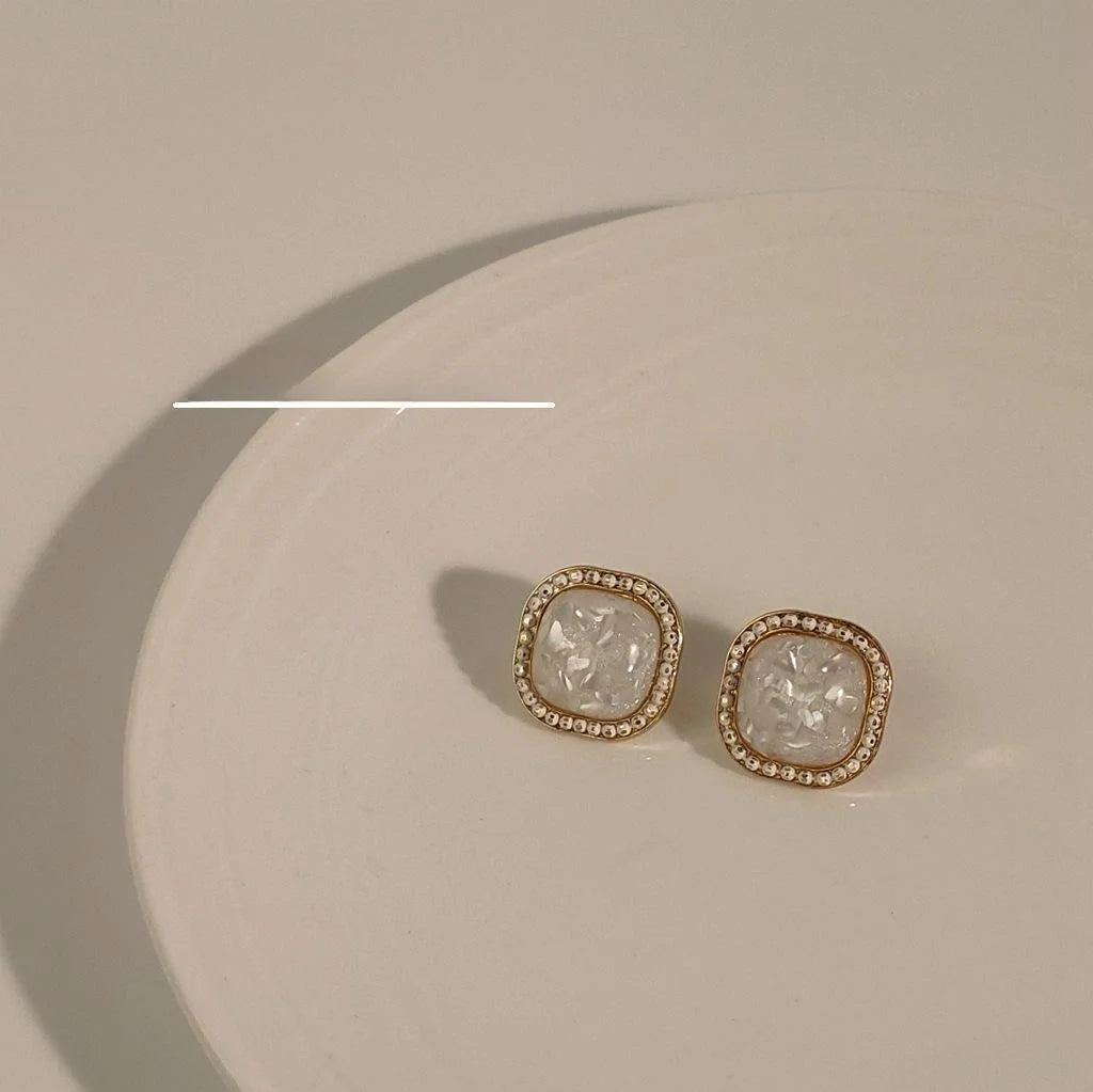 Vintage 14K Gold Plated Copper White Shell Geometric Square Drop Earrings For Women