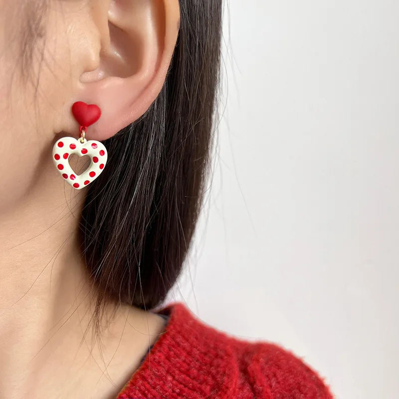 Vintage Red Polka Dot Heart Enamel Alloy Stud & Clip On No Piercing Sweet Dangle Earrings