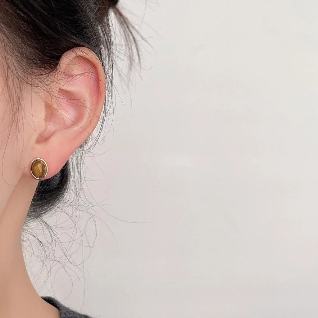Vintage Artsy 14K Gold Plated Copper Tiger Eye Oval Mini Stud Earrings