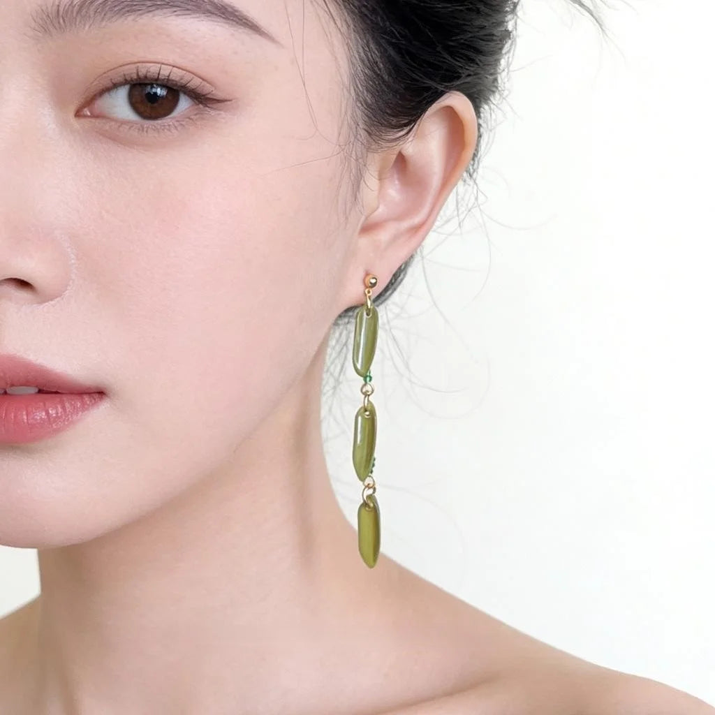 Handmade New Chinese Green Glass Crystal Beaded Bamboo Leaf Tassel Drop Earrings Pastoral Fresh Style