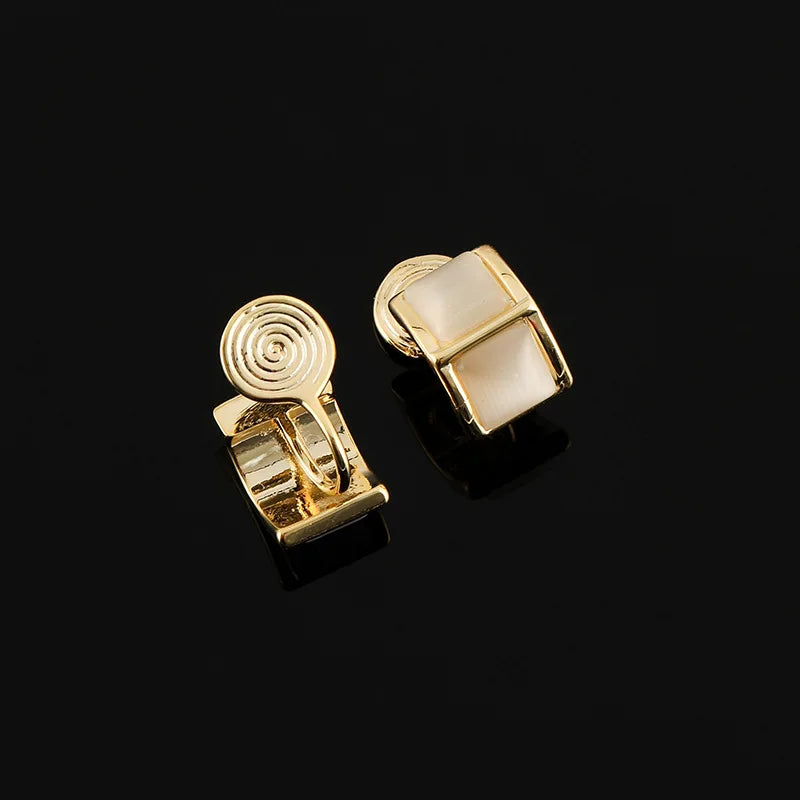 Elegant Curved Square Cat Eye Stone Alloy Stud & Clip On No Piercing French Commuter Earrings