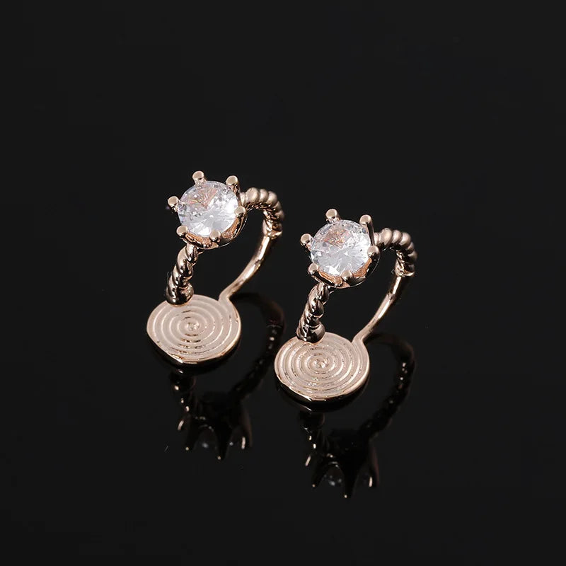 Elegant Zircon Spiral Disc Hoop Stud & Clip On No Piercing Rose Gold Plated Minimalist Women's Earrings