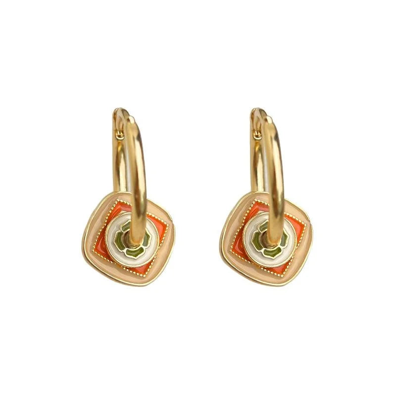 Designer Chinese Style Enamel Painted Geometric Copper Drop Earrings For Women