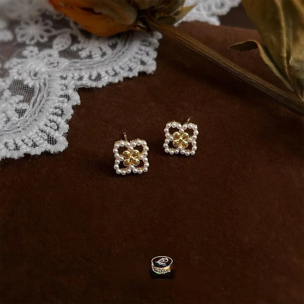 14K Plated Copper Pearl Flower Geometric Stud Earrings Minimalist Commuter Jewelry