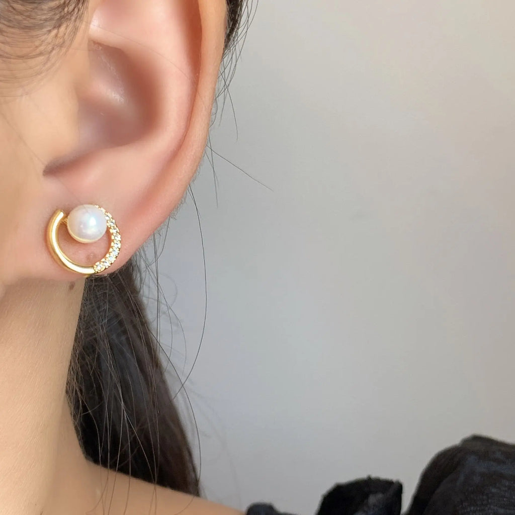 Elegant Geometric Pearl Hoop Stud & Clip On No Piercing Gold Alloy Rhinestone Korean Commuter Earrings