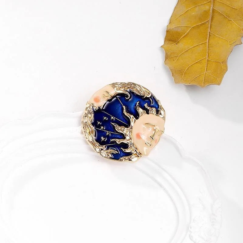 Elegant Enamel Sun And Moon Goddess Brooch, Gold Tone Alloy Celestial Face Lapel Pin Suit Accessory