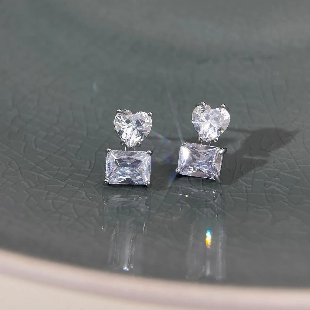 Luxury Copper Zircon Heart Geometric Square Stud Earrings Minimalist Commuter Jewelry