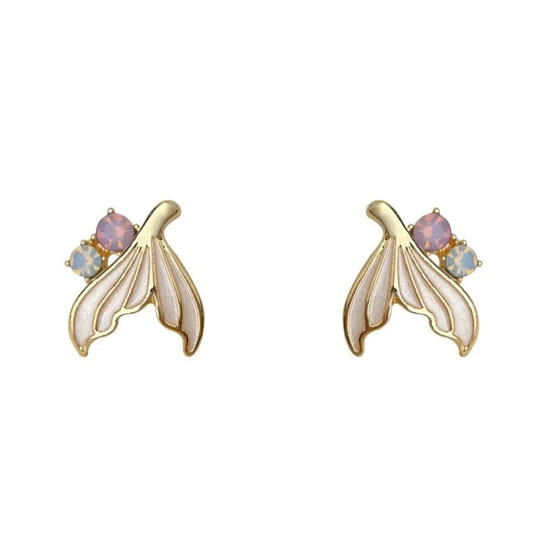 Sweet Fishtail Enamel Copper Stud Earrings With Colorful Rhinestones, Minimal Chic Commuter Jewelry
