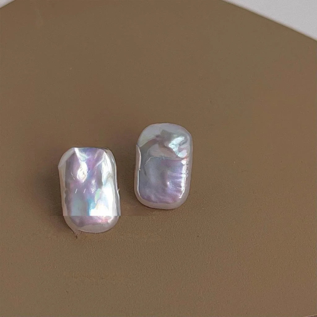 Baroque Irregular Freshwater Pearl Stud Earrings Silver Plated Pin Geometric Rectangle Jewelry
