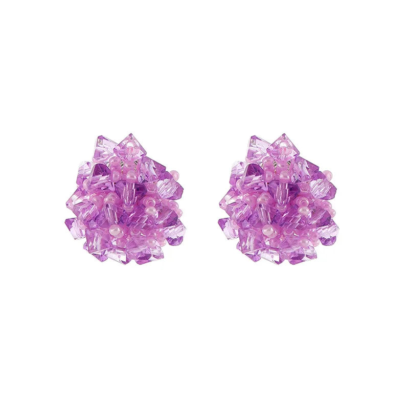 Elegant Purple Crystal Beaded Flower Stud & Clip On No Piercing Handmade Pearl Cluster Earrings