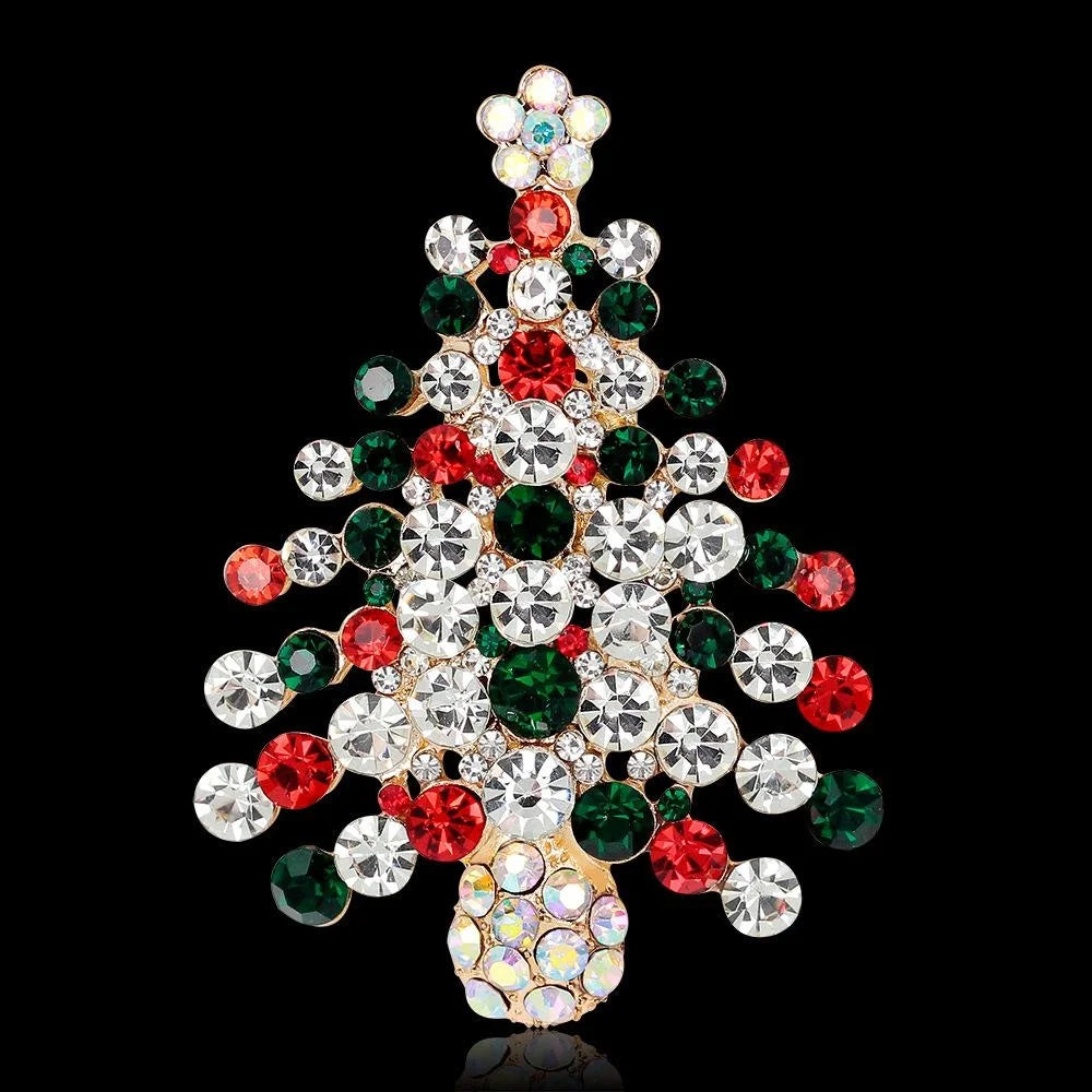 Luxury KC Gold Plated Rhinestone Christmas Tree Brooch, Elegant Women's Lapel Pin Corsage Gift
