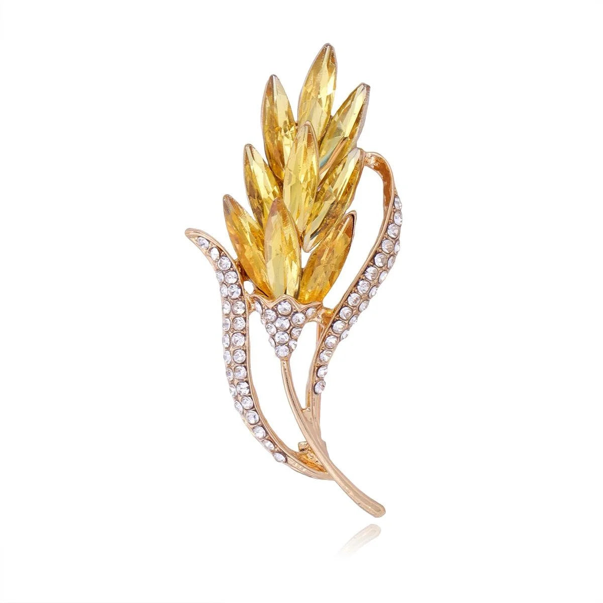 Elegant Wheat Ear Brooch With Yellow Rhinestone Crystals, Gold Tone Alloy Lapel Pin Corsage Suit Accessory