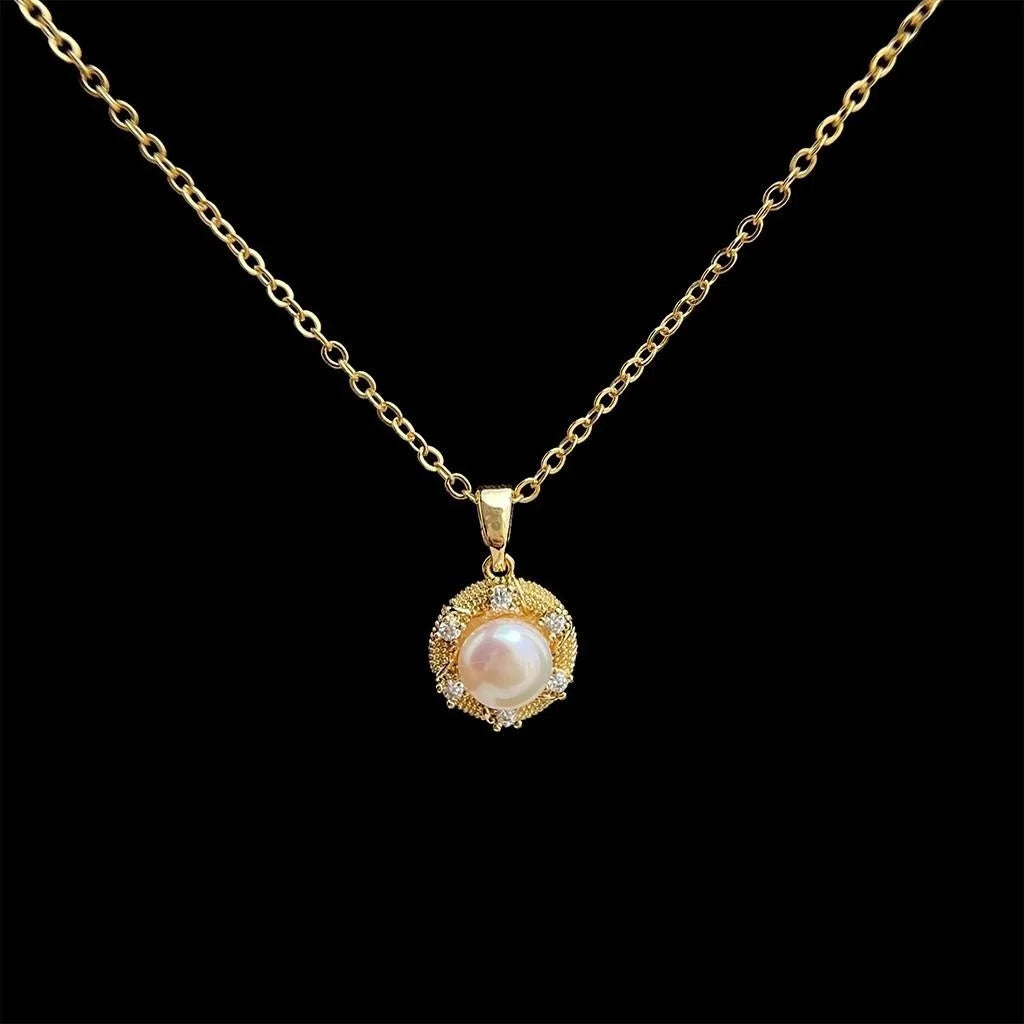 18K Gold Plated Copper Freshwater Pearl Micro Pave Zircon Geometric Collarbone Necklace For Women