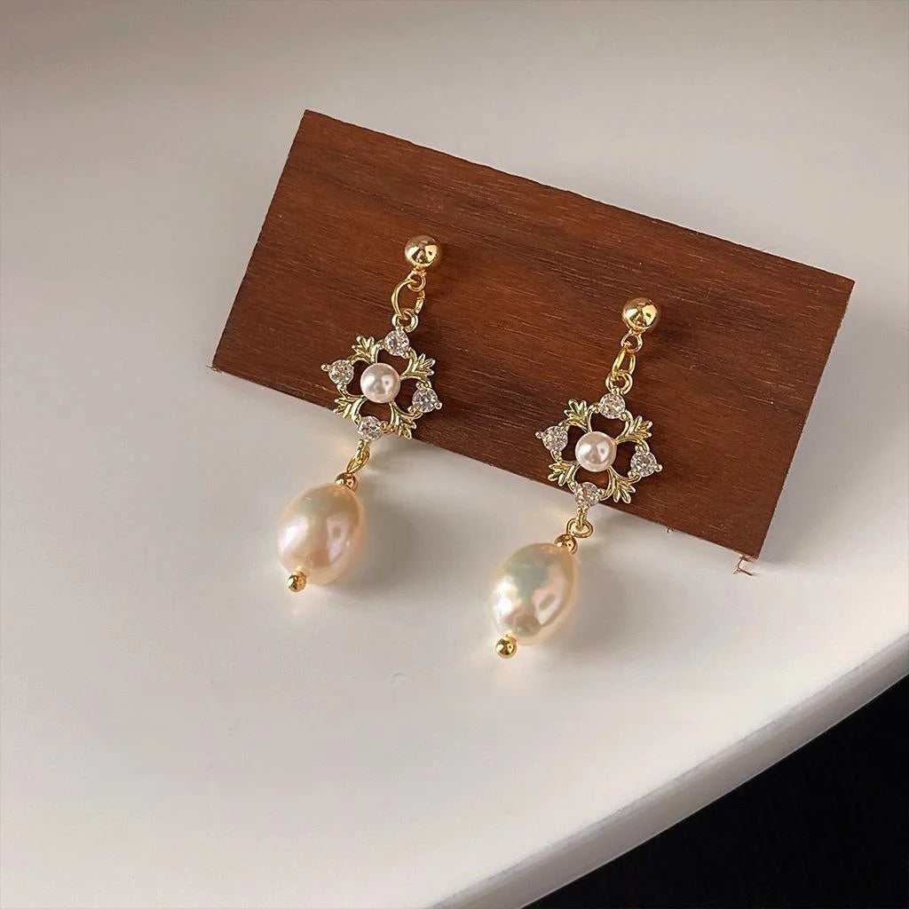 Vintage Geometric Baroque Freshwater Pearl Stud Earrings 14K Plated Copper Micro Pave Zircon