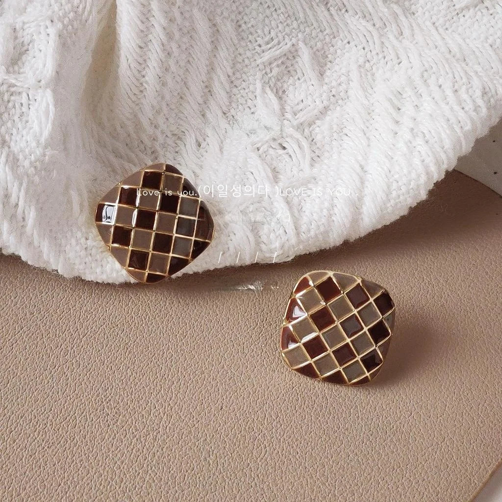 Maillard Colorblock Plaid Geometric Copper Stud Earrings French Retro Square Enamel Style