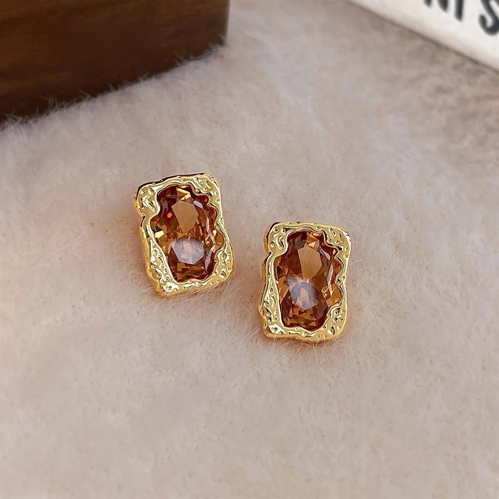 Luxury Light Coffee Champagne Liquid Geometric Rectangle Zircon Copper Stud Earrings