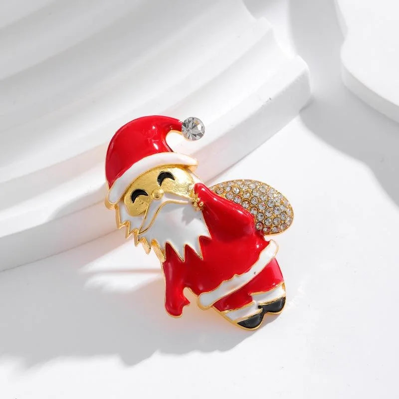 Cute Enamel Santa Claus With Rhinestone Gift Sack Brooch, Christmas Lapel Pin Corsage Suit Accessory