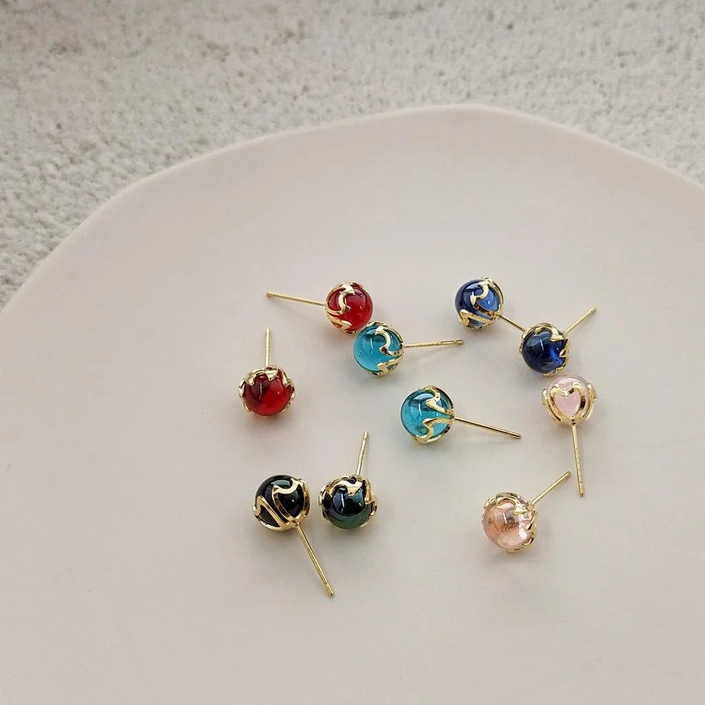 14K Gold Plated Mermaid Tear Glass Stud Earrings Creative Geometric Small Ear Jewelry