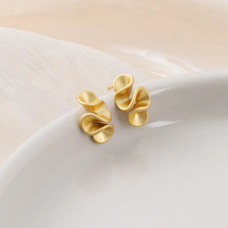Elegant Matte Gold Alloy Wavy Pleated Ruffle Flower Stud & Clip On No Piercing Statement Earrings
