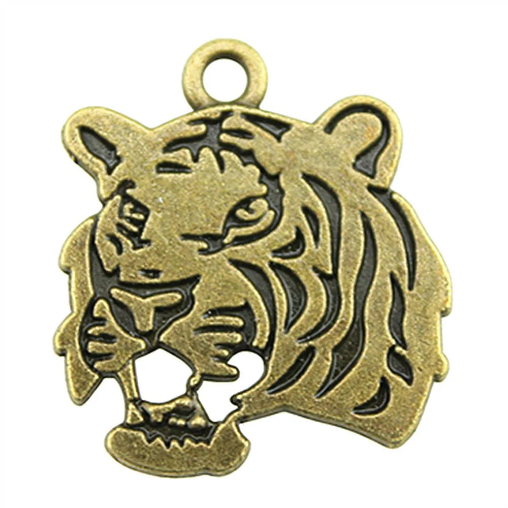 27x24mm 4.5g Antique Silver Zinc Alloy Double Sided Tiger Head Charm Pendant for DIY Necklace Making