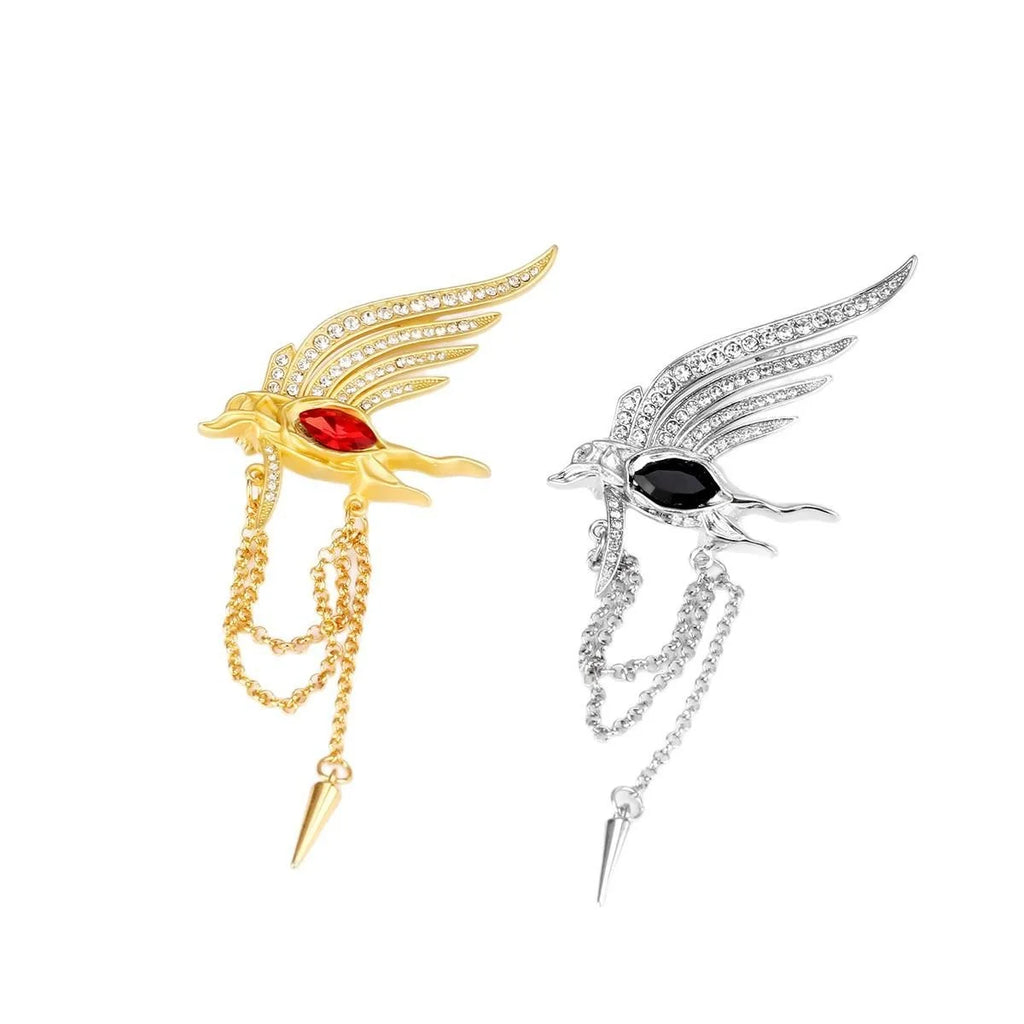 Luxury Gold Alloy Phoenix Wing Brooch With Red Rhinestone And Chain Tassel, Elegant Lapel Pin Gift