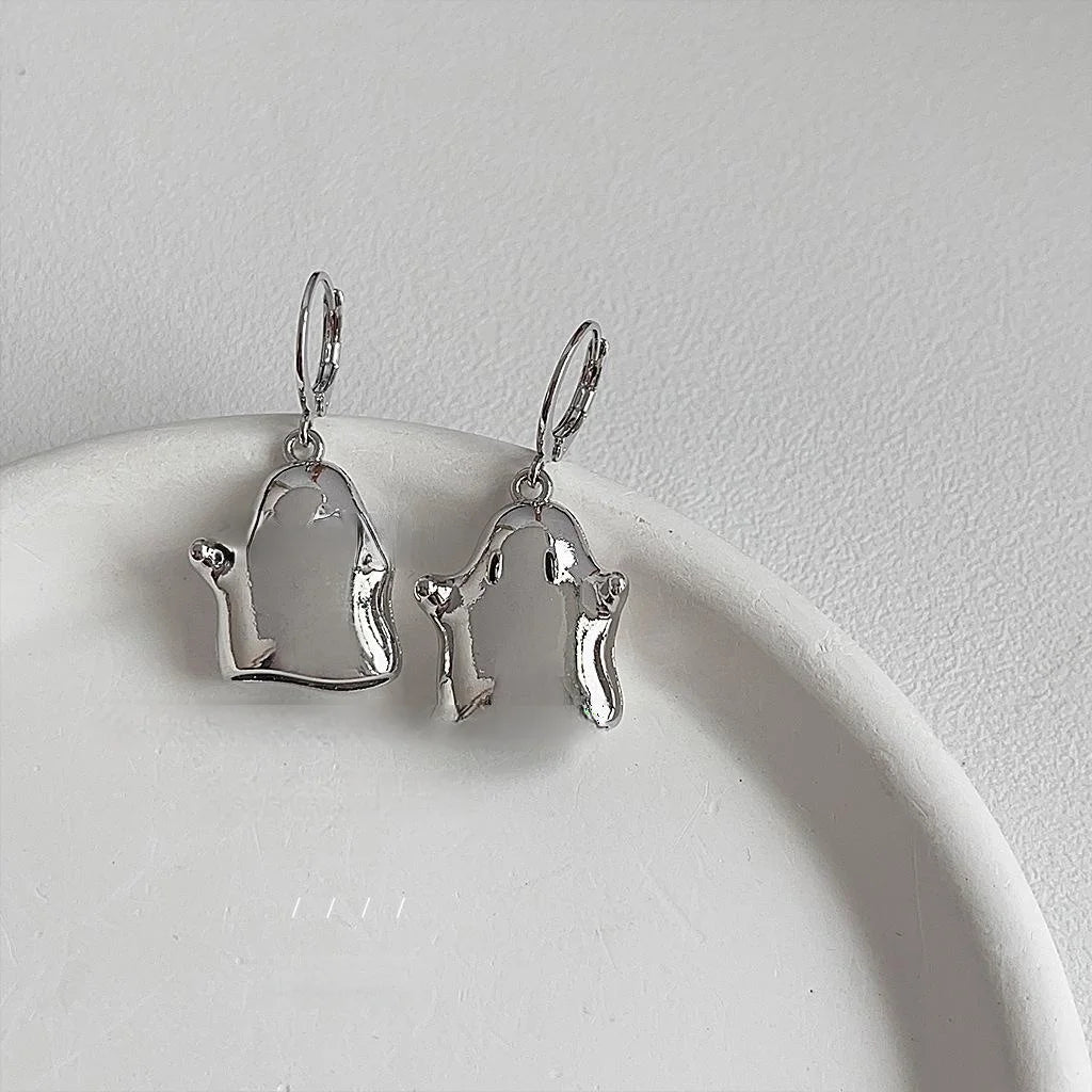 Sweet Cool Silver Metal Little Ghost Drop Earrings For Women Irregular Geometric Minimalist Jewelry