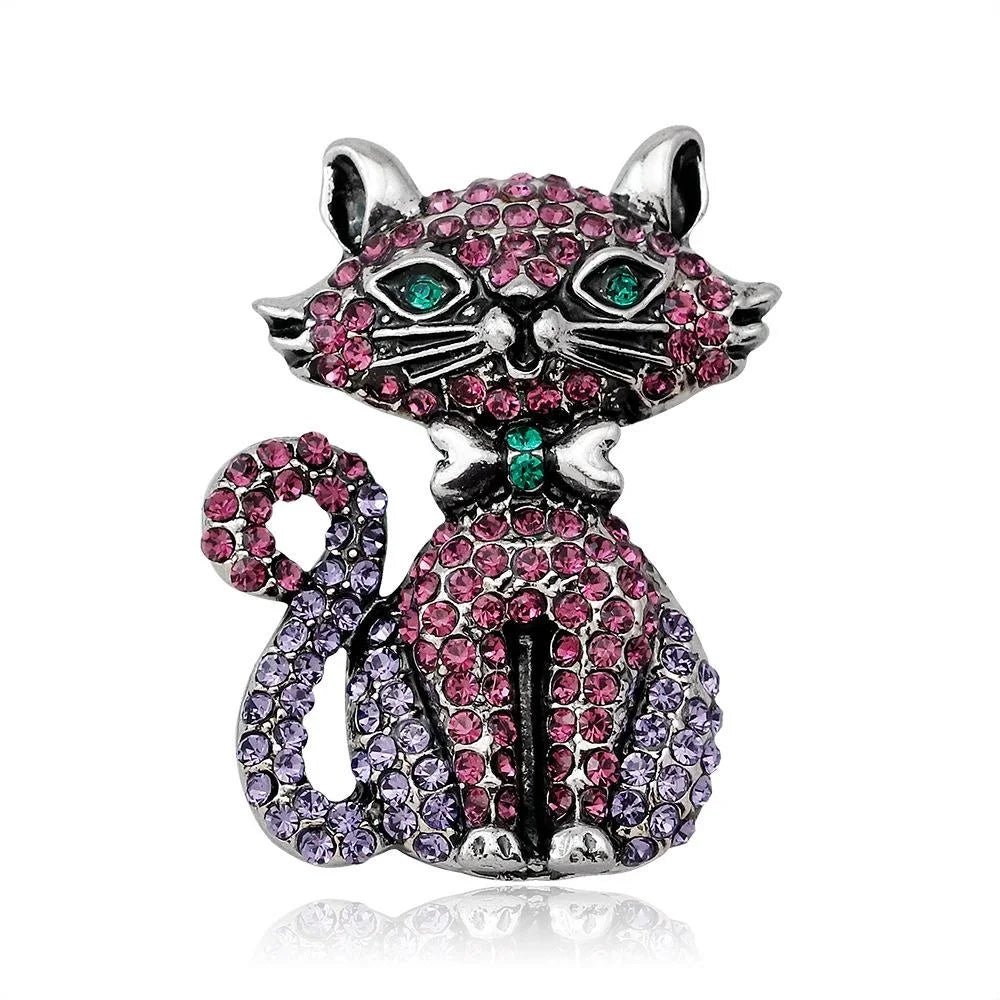 Cute Pink Rhinestone Cat Brooch Alloy Animal Lapel Pin, Elegant Corsage Suit Accessory Gift